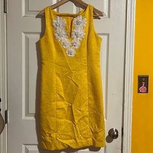 Cappagallo Yellow V Neck Floral White Embroidered Brook Sunflower Dress
